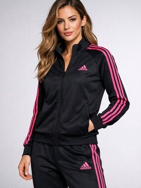 Adidas Black & Pink 3-Stripe Track Suit Set Jacket + Pants Women’s Medium